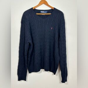Polo Ralph Lauren Navy Cable Knit V Neck Sweater Men’s XL Oversized Cotton